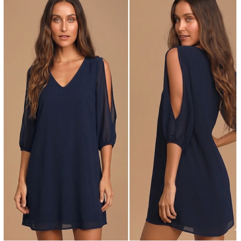 LULUS Shifting Dears Navy Blue Chiffon Cold Shoulder Long Sleeve Shift Dress